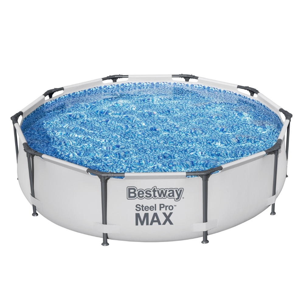 Une piscine ronde avec de l'eau, extérieur blanc et cadre gris foncé.