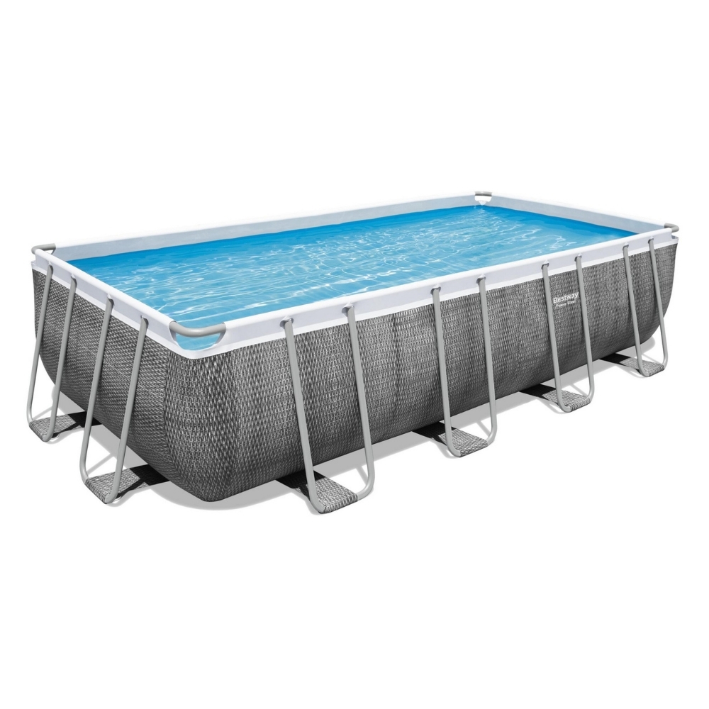 Rechthoekig zwembad met grijs geweven ontwerp en wit frame. Gevuld met water. Bestway Power Steel.