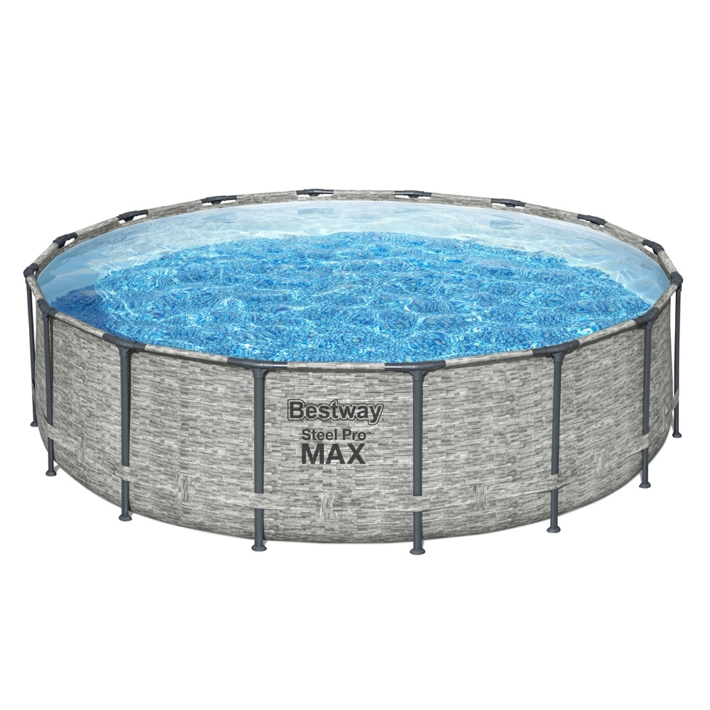 Rond zwembad met steenontwerp en grijs frame. Bestway Steel Pro Max is het merk. Zwembad met water.