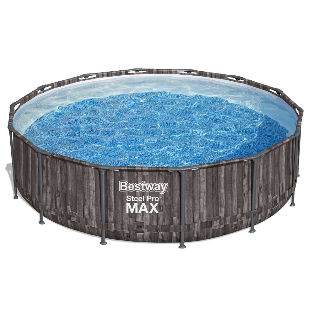 Rond zwembad met donker houten design. Bestway Steel Pro Max is het merk. Gevuld met water.