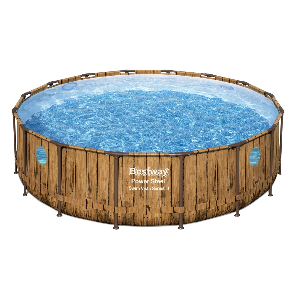 Rond Bestway Power Steel zwembad met houtlook buitenkant, gevuld met water.