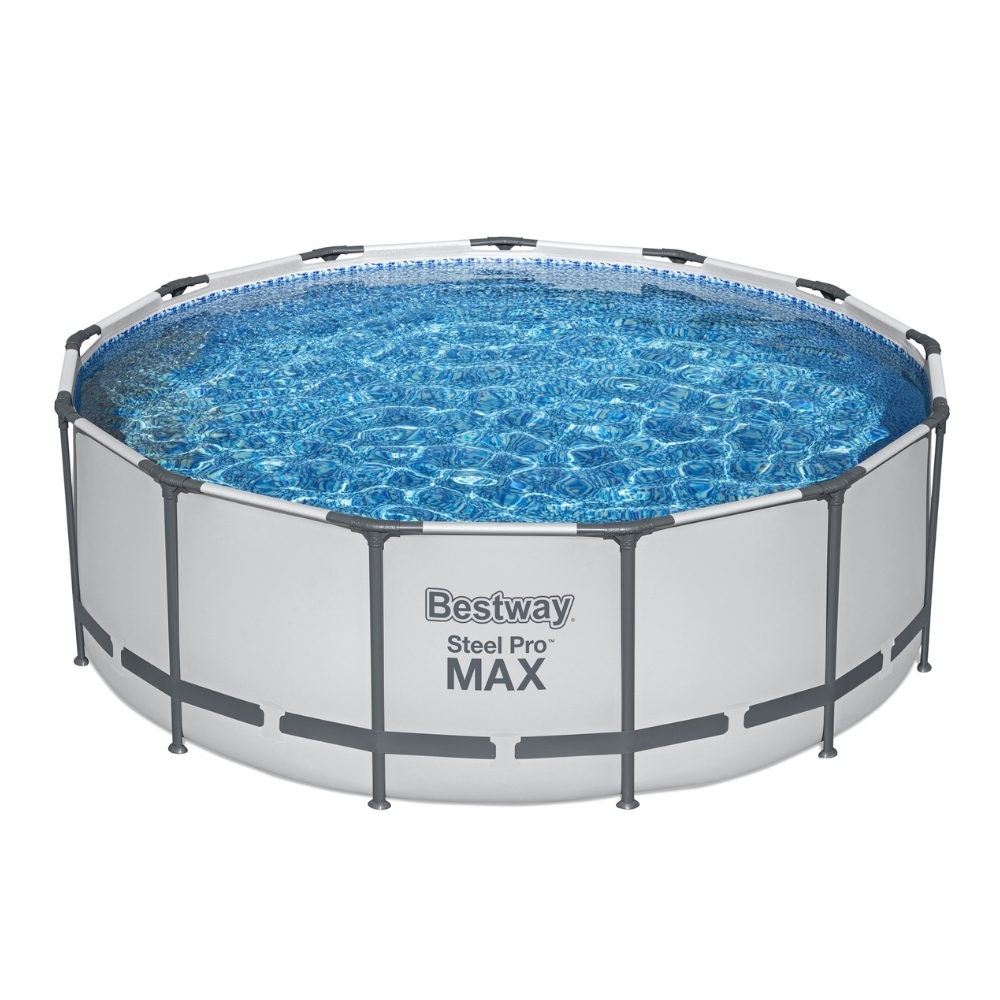 Piscine ronde avec cadre blanc et eau bleue.
