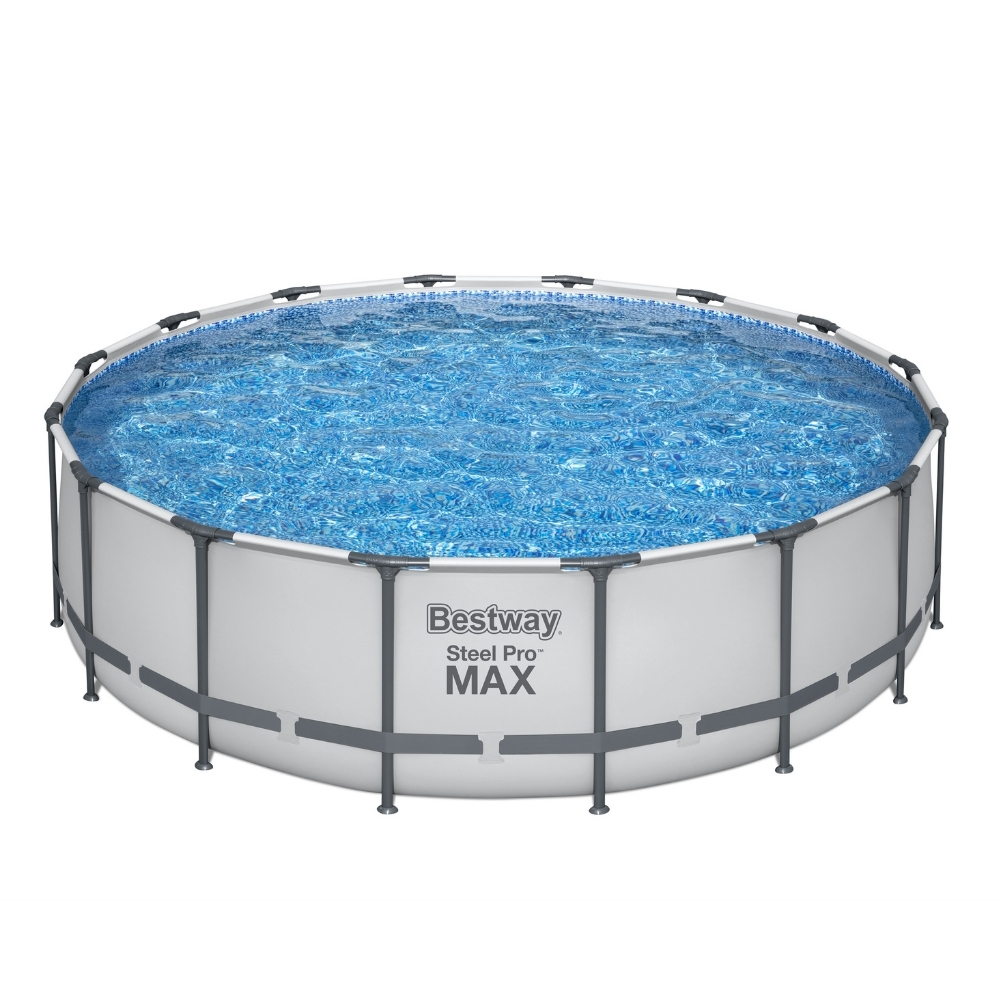 Rond zwembad, wit frame, blauw water.