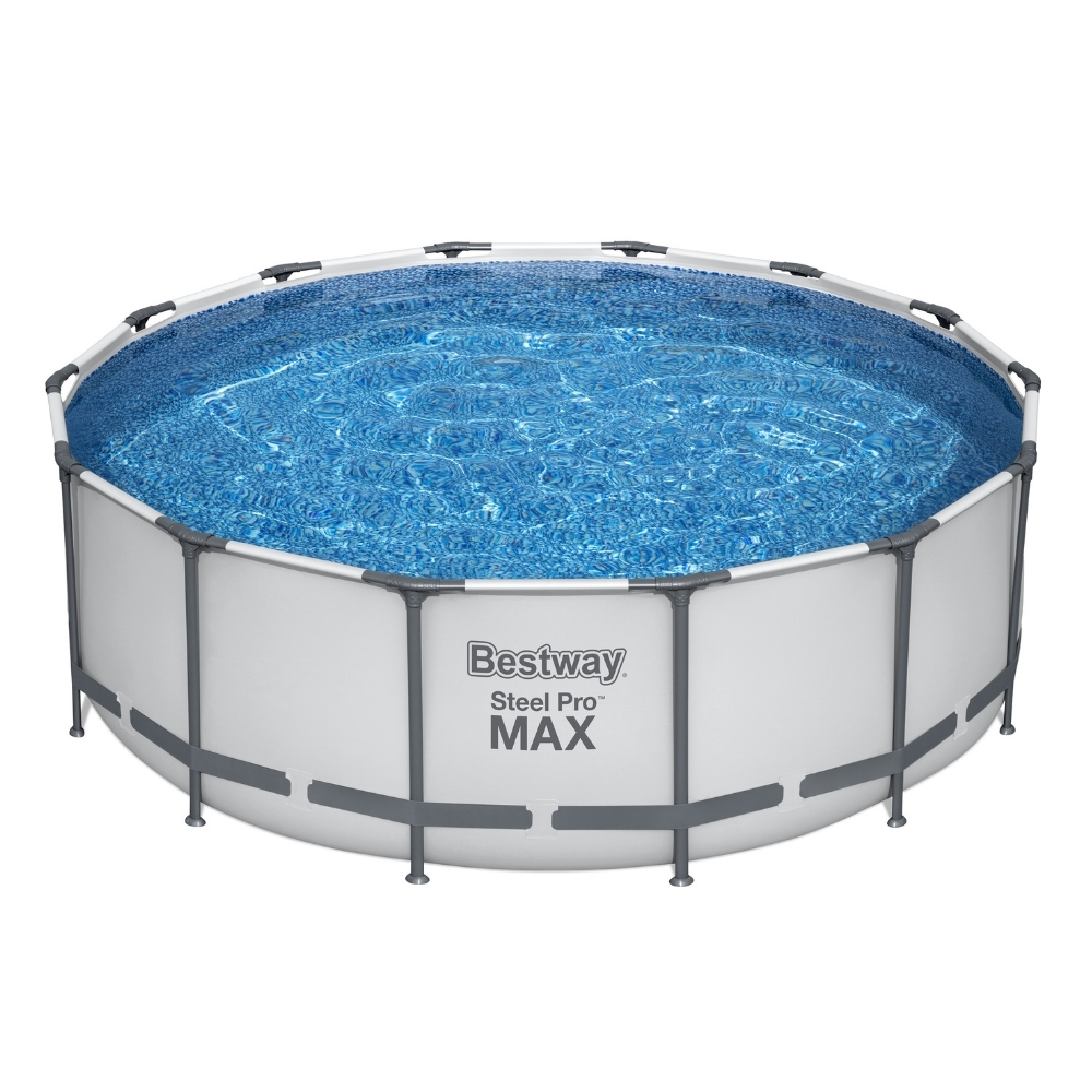 Piscine hors sol. Côtés blancs, cadre gris, eau bleue et texte Bestway Steel Pro Max.