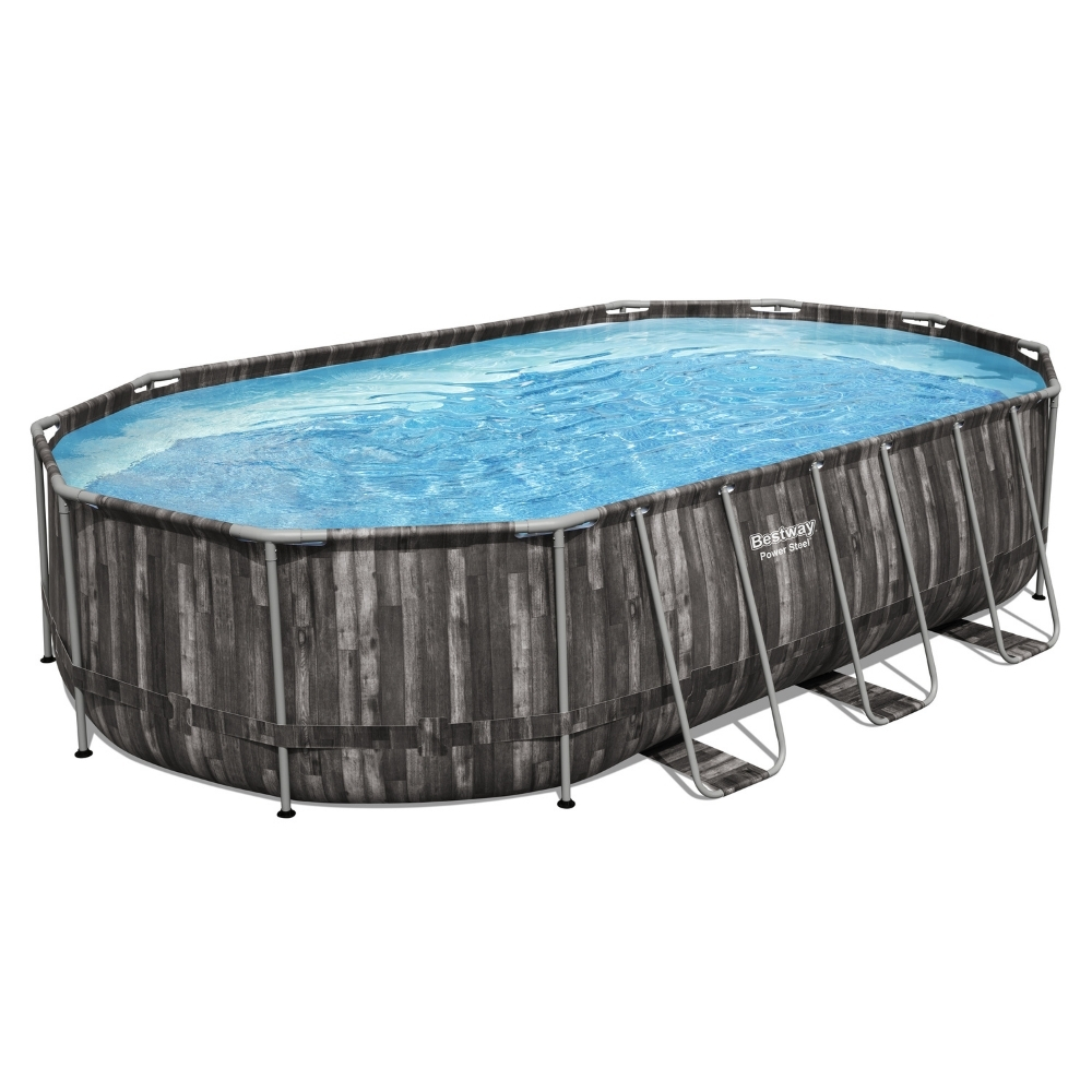 Ovaal zwembad met donker houten design. Bestway Power Steel is het merk. Het zwembad is gevuld met water.