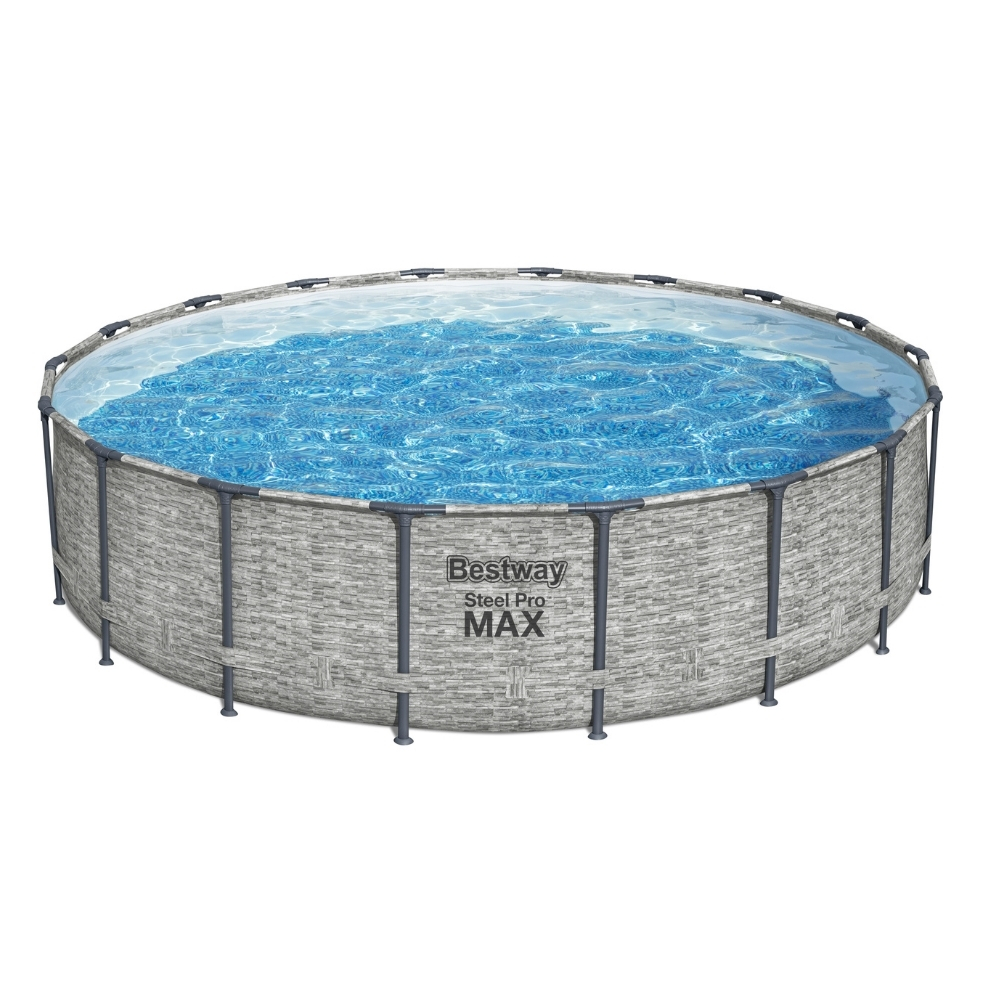 Een rond zwembad met water, omgeven door een steenachtig patroon. Het zwembad is bovengronds.