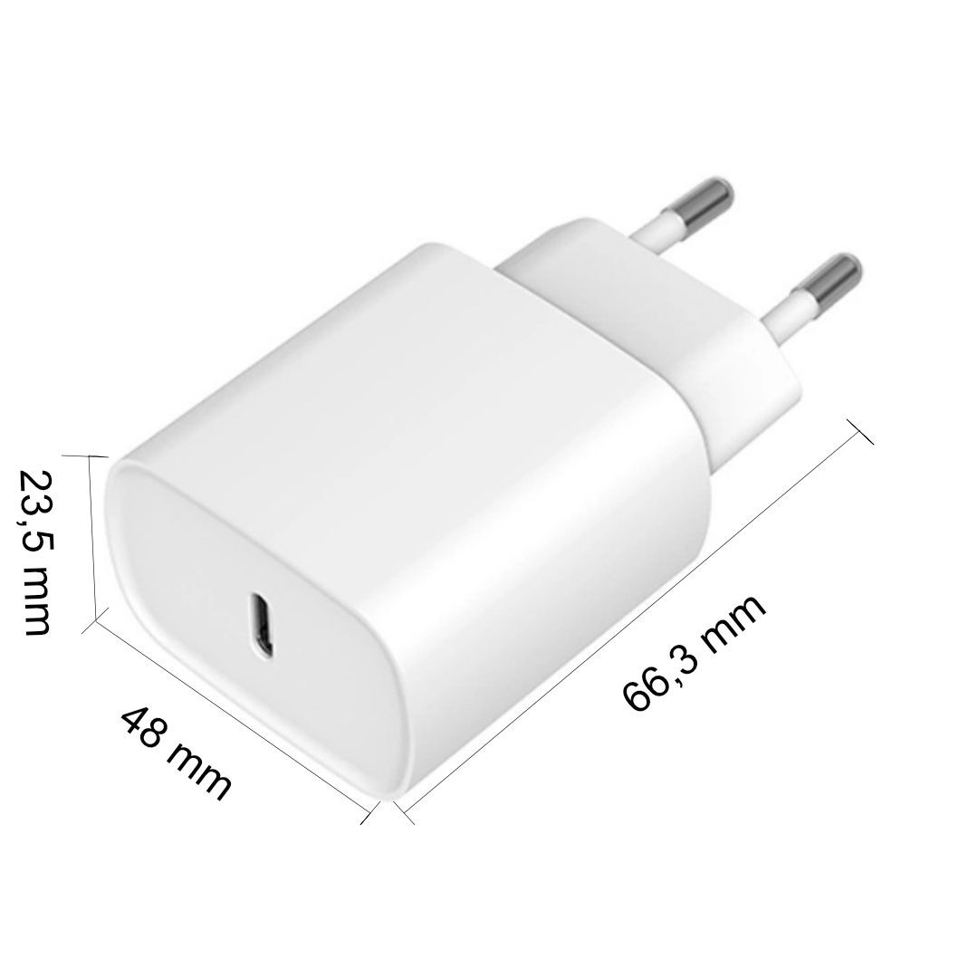 Weißes Ladegerät mit den Maßen: 48 mm, 23,5 mm und 66,3 mm. Es hat einen USB-C-Anschluss und zwei metallische Stifte.