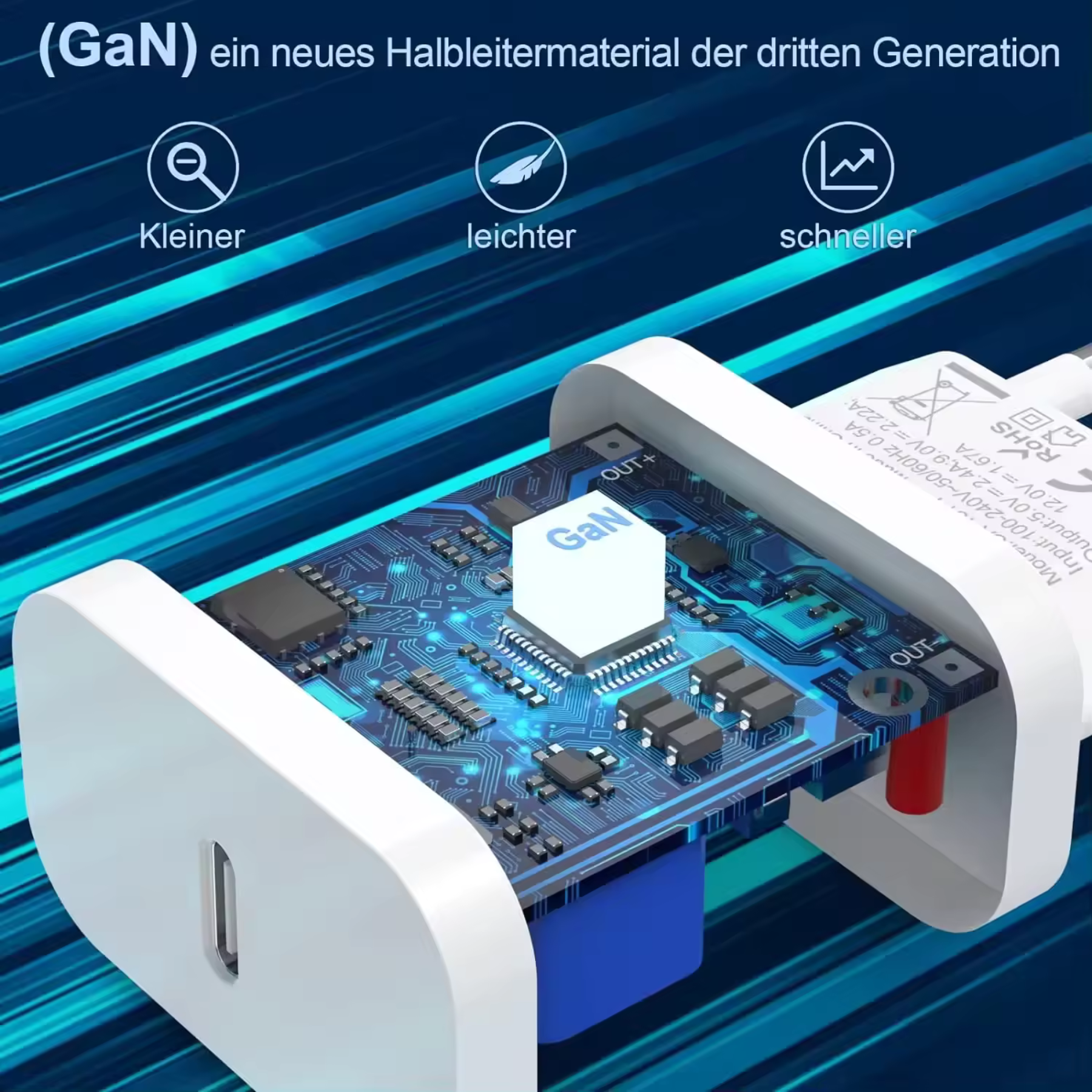 Ein weißes Ladegerät mit GaN-Technologie. Es hat eine Platine und den Text (GaN) ein neues Halbleitermaterial der dritten Generation.