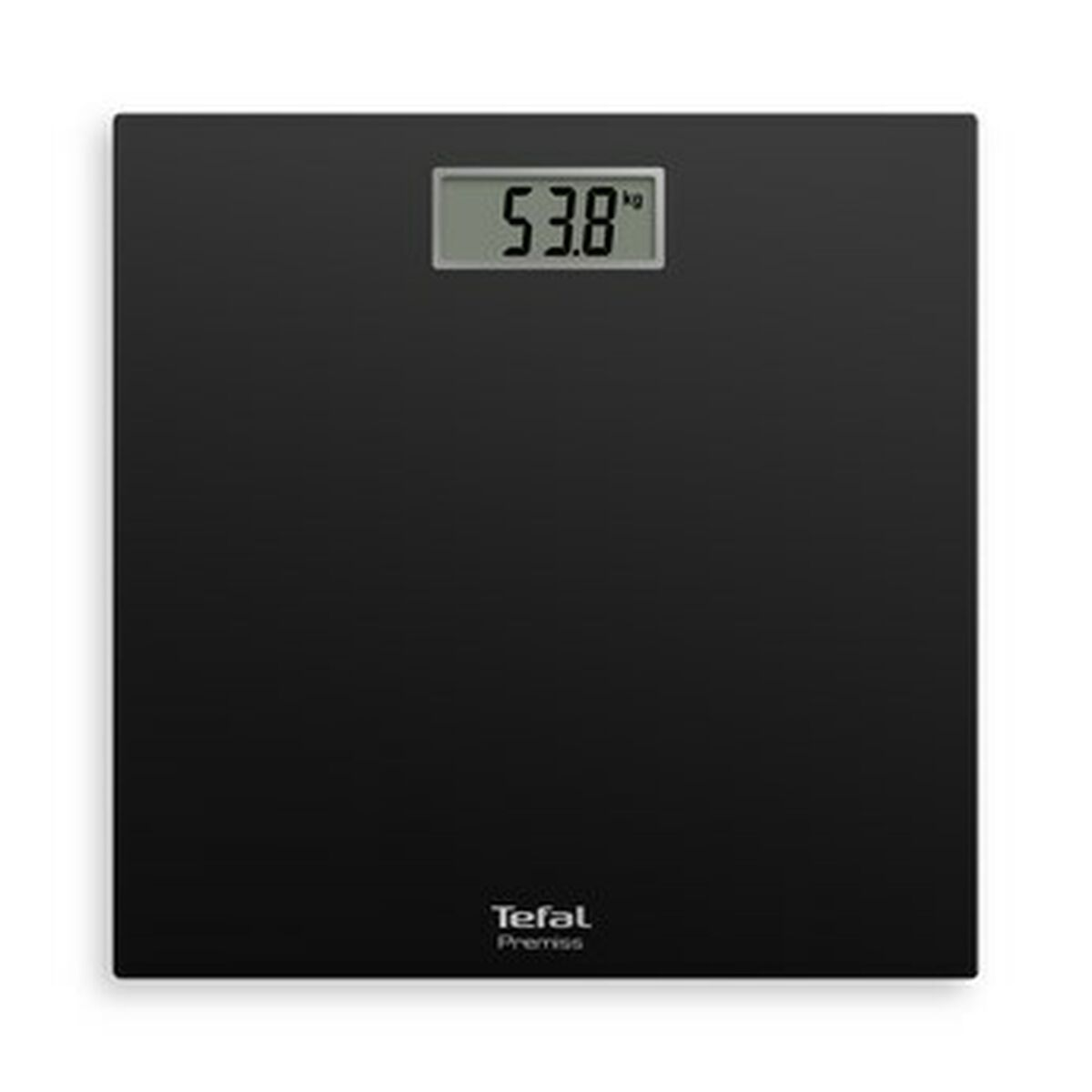 Báscula de baño digital negra, muestra 53.8 kg en pantalla digital.