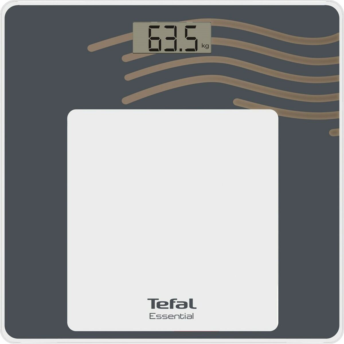 Balanza digital con lectura de 63,5 kg, diseño gris y blanco, y marca Tefal.