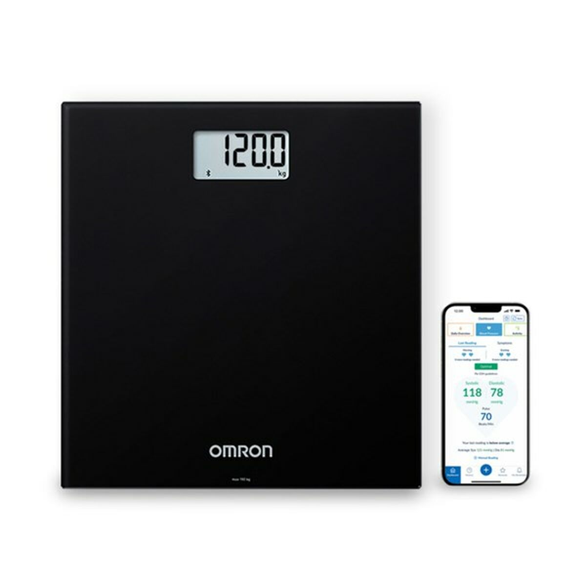 Bilancia digitale nera con display che mostra 120,0 kg e uno smartphone.