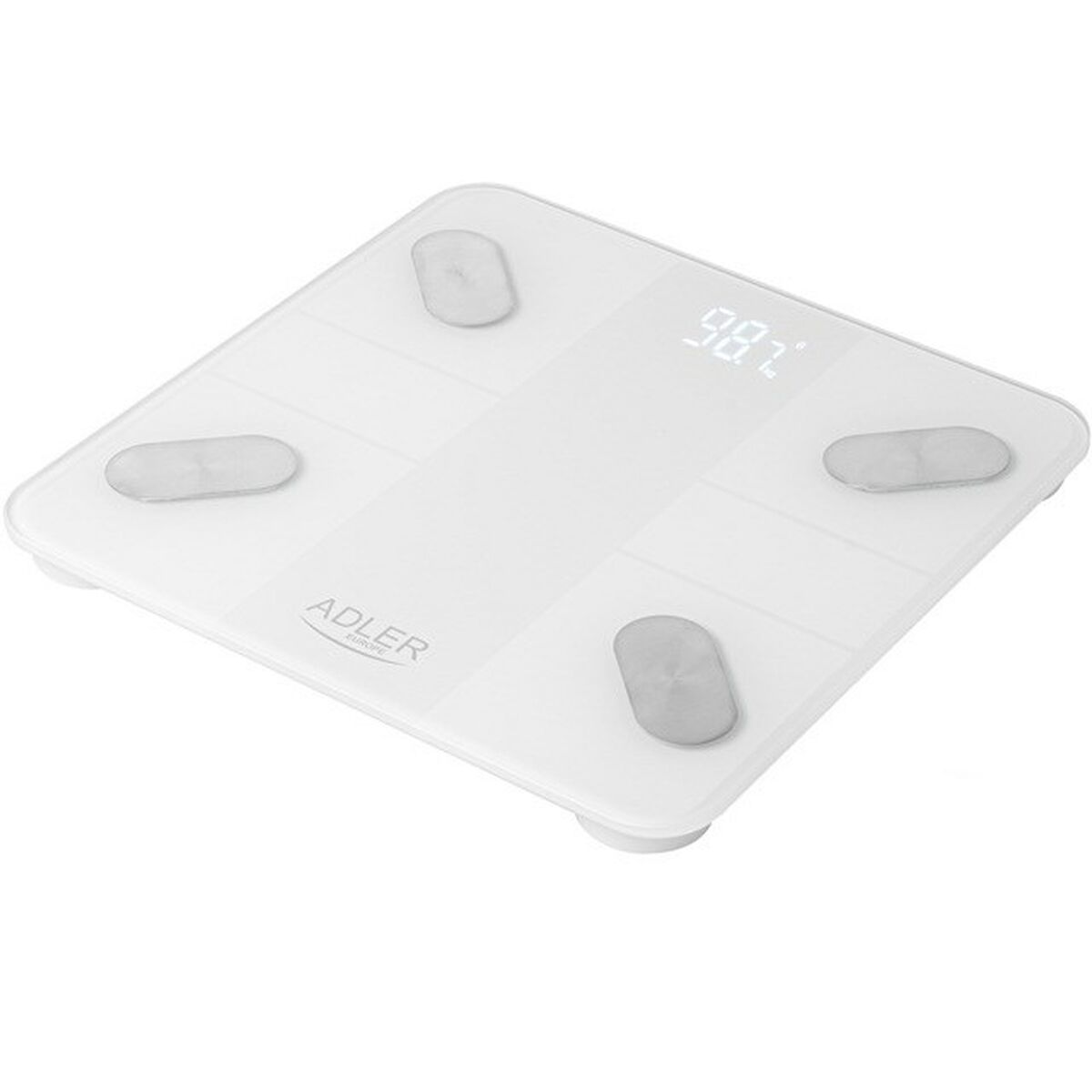 Báscula de baño digital blanca con pantalla que muestra el peso. Hay almohadillas para los pies.