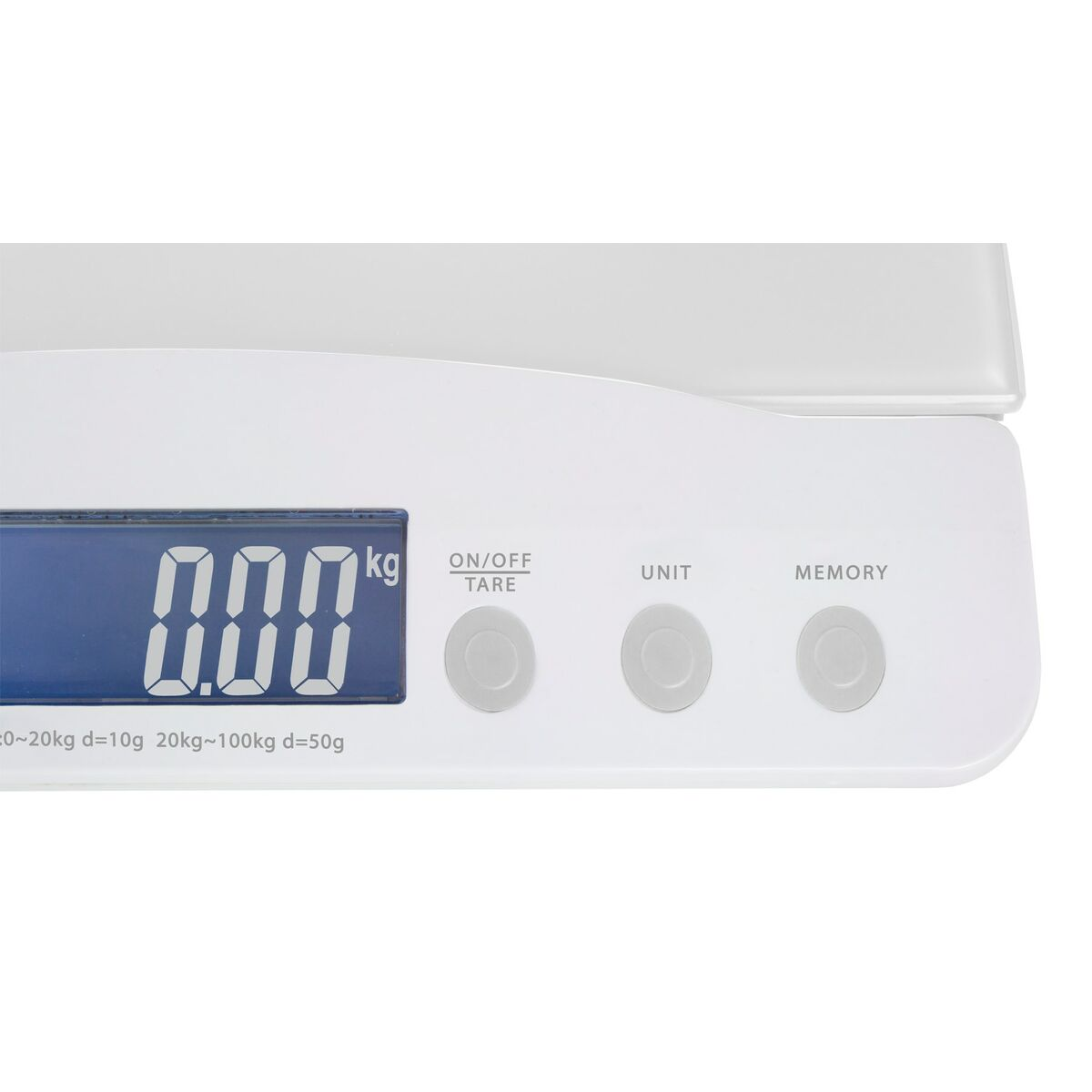 Eine weiße Digitalwaage mit Anzeige 0,00 kg und Tasten für Ein/Aus, Einheit und Speicher.