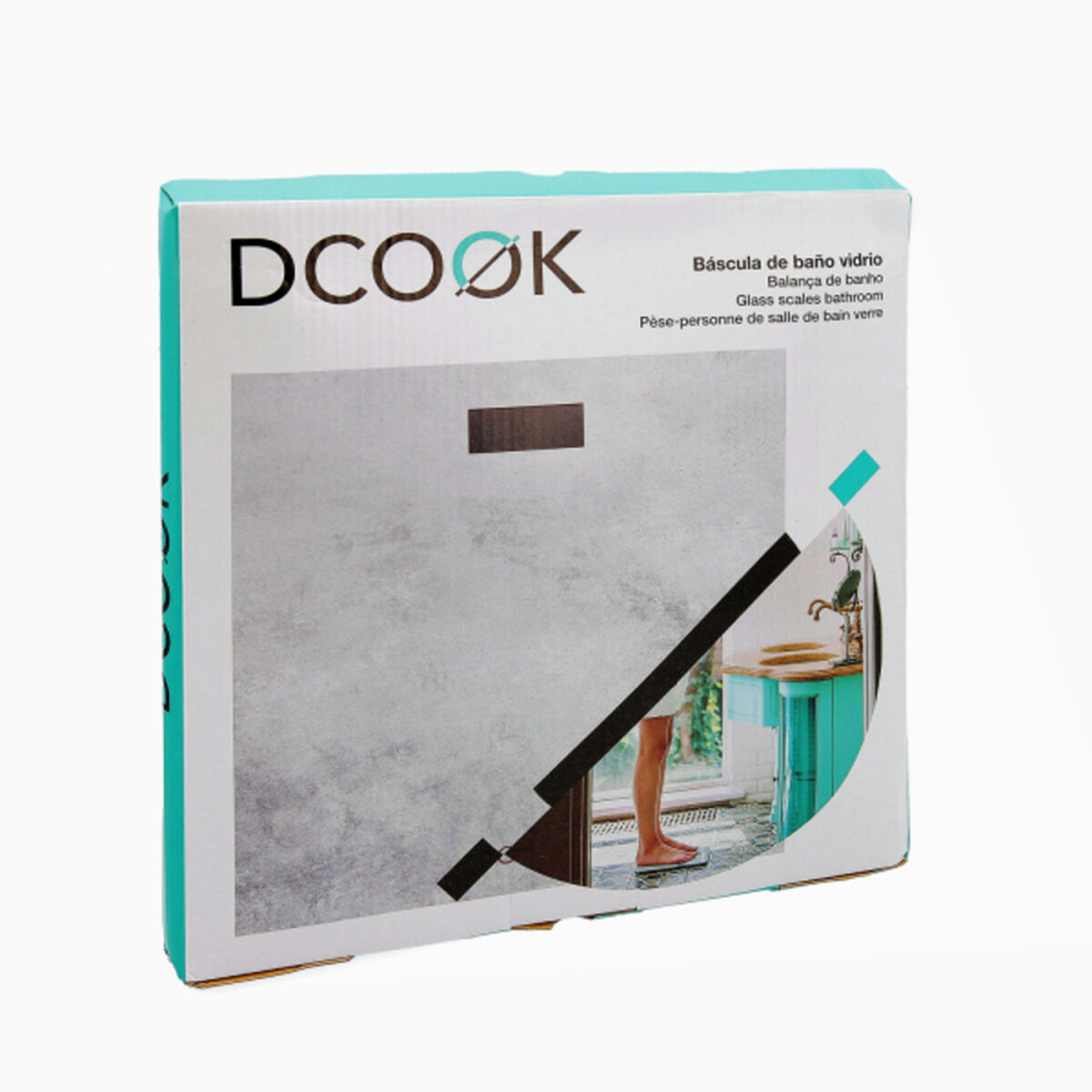 Caja de báscula de baño con texto 'DCOOK', diagrama de la báscula y texto en varios idiomas.