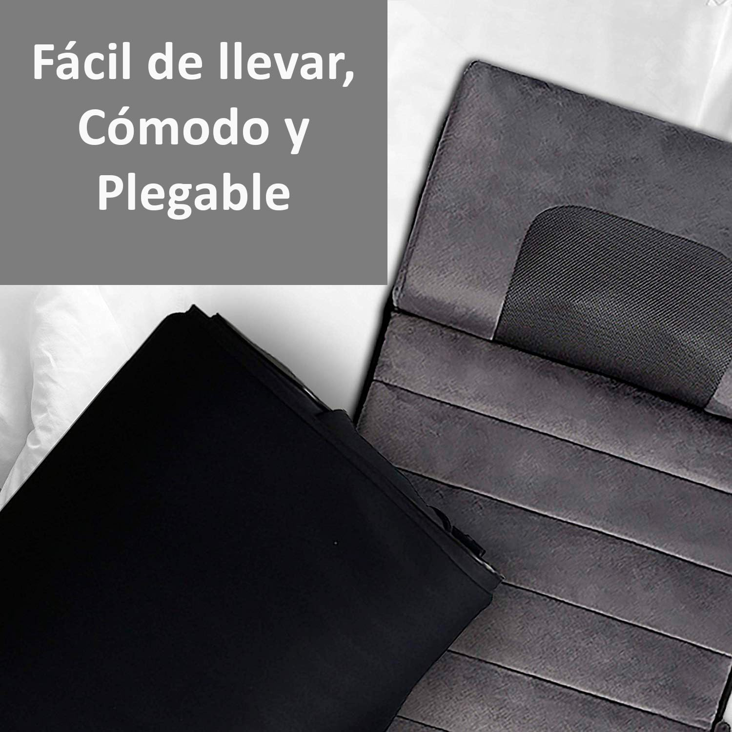 Artículo plegable, gris y negro. Texto: Fácil de llevar, Cómodo y Plegable. Parece una silla plegable.