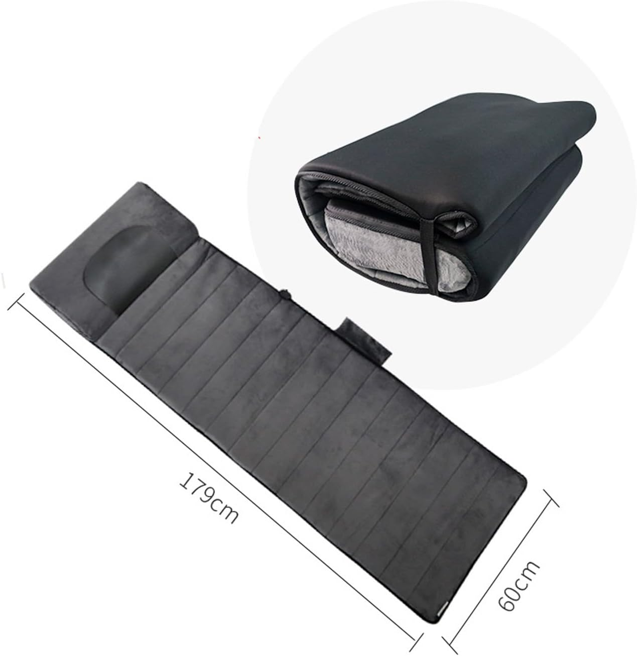 Una esterilla para dormir plegable negra con almohada, junto a una versión plegada, con dimensiones.