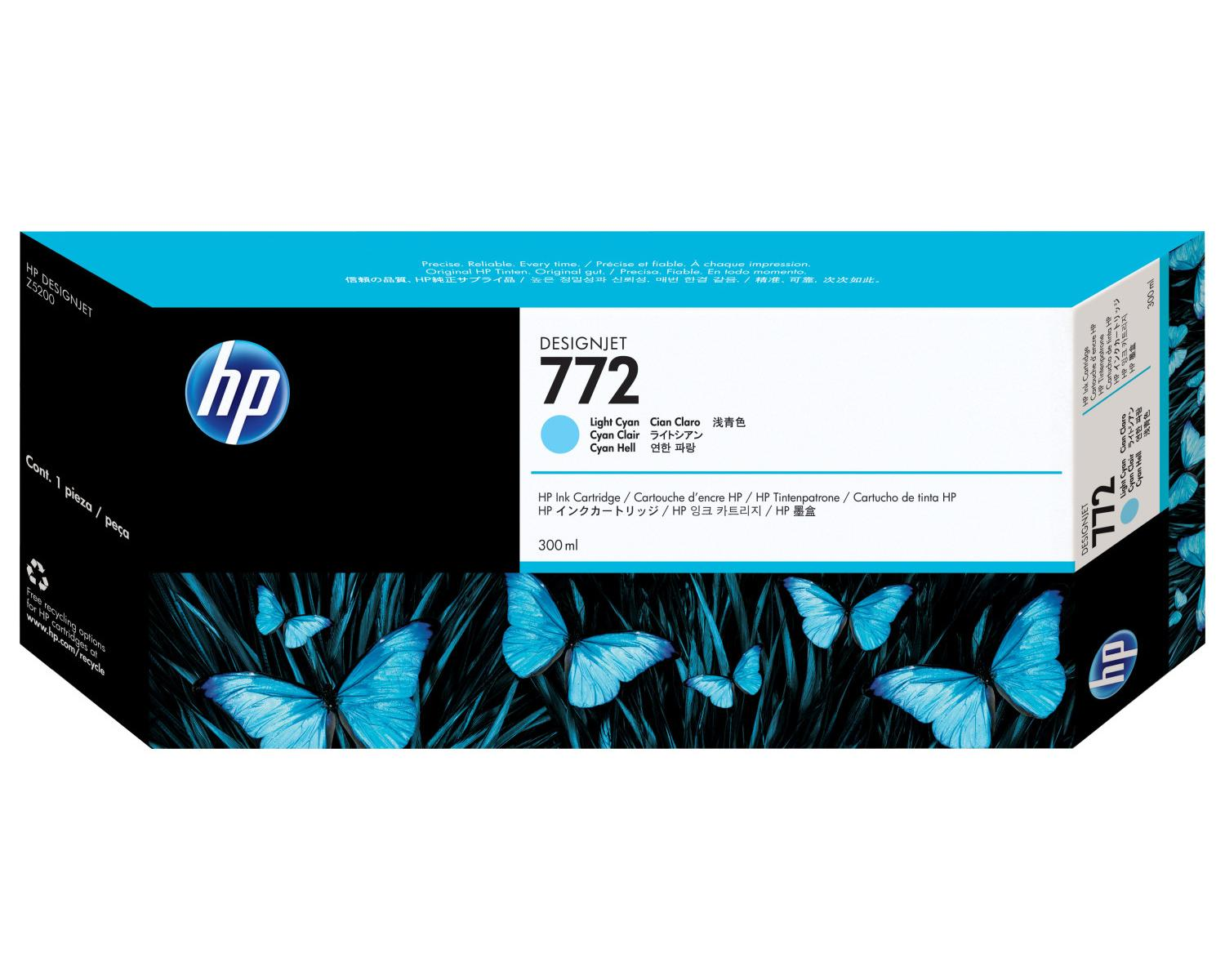 Cyan-Tintenpatronenbox mit der Aufschrift 'HP DESIGNJET 772' und Schmetterlingsdesign auf schwarzem Grund.