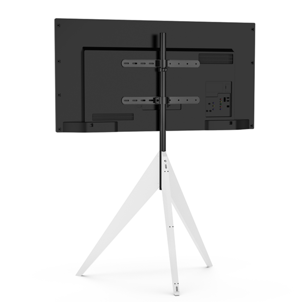 Zwart tv-scherm op een witte standaard. De standaard heeft drie witte poten.