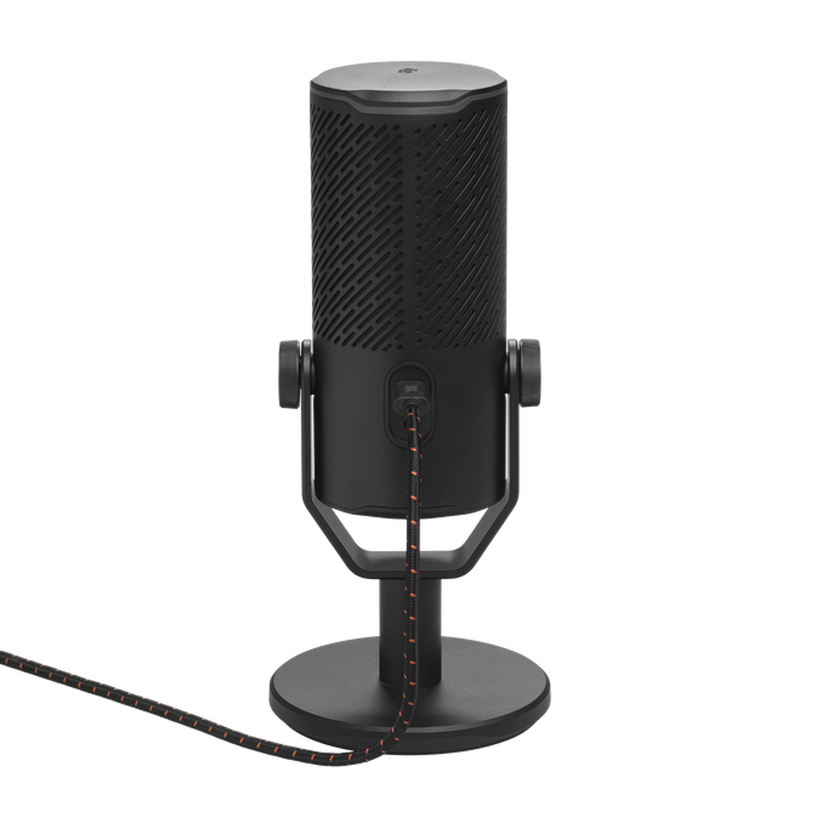 Czarny mikrofon ze statywem i kablem. Mikrofon jest na czarnym tle, widok z bliska.