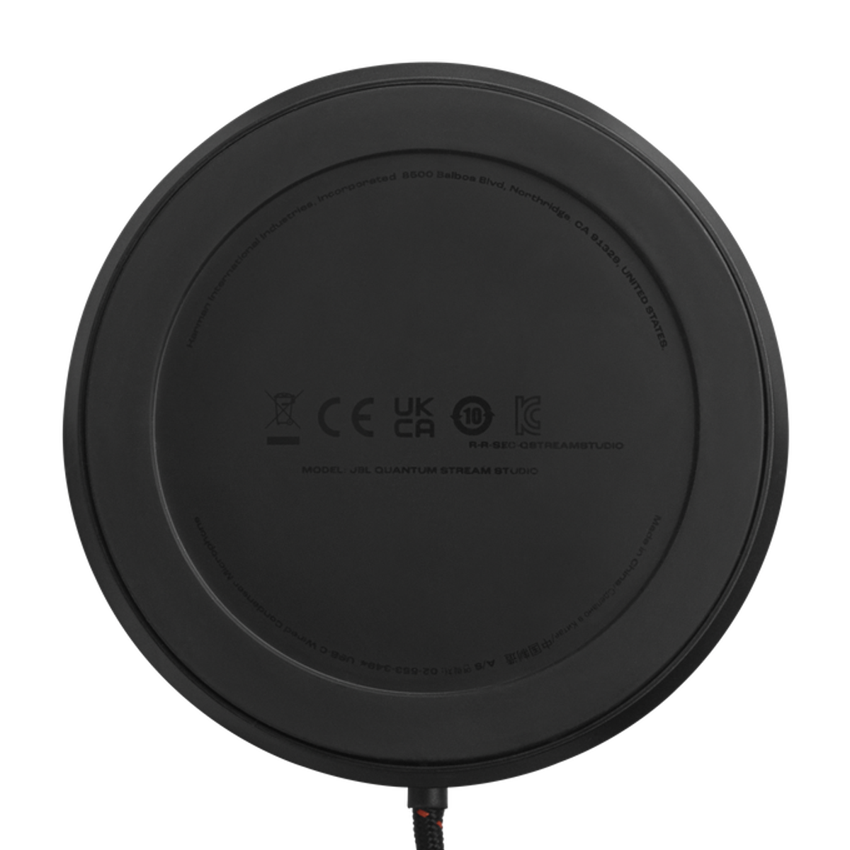 Spód czarnego, okrągłego urządzenia z etykietą wskazującą jego model i inne szczegóły.