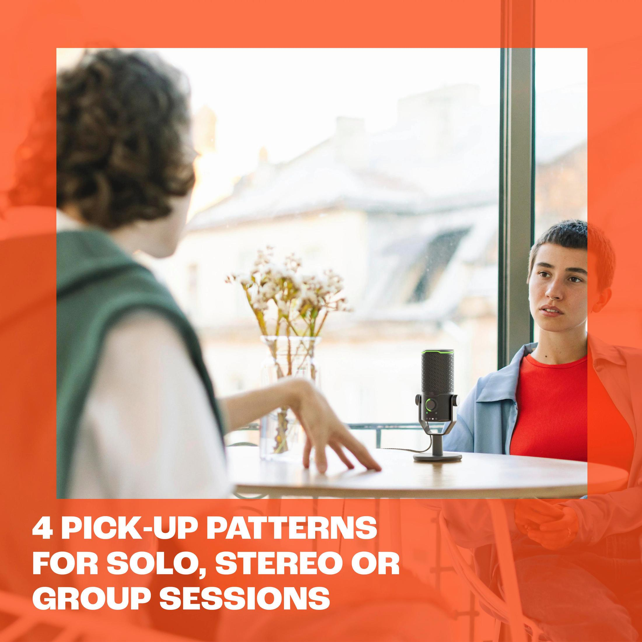 Dwie osoby w pokoju z mikrofonem na stole. Tekst: 4 wzory odbioru dla sesji solo, stereo lub grupowych.
