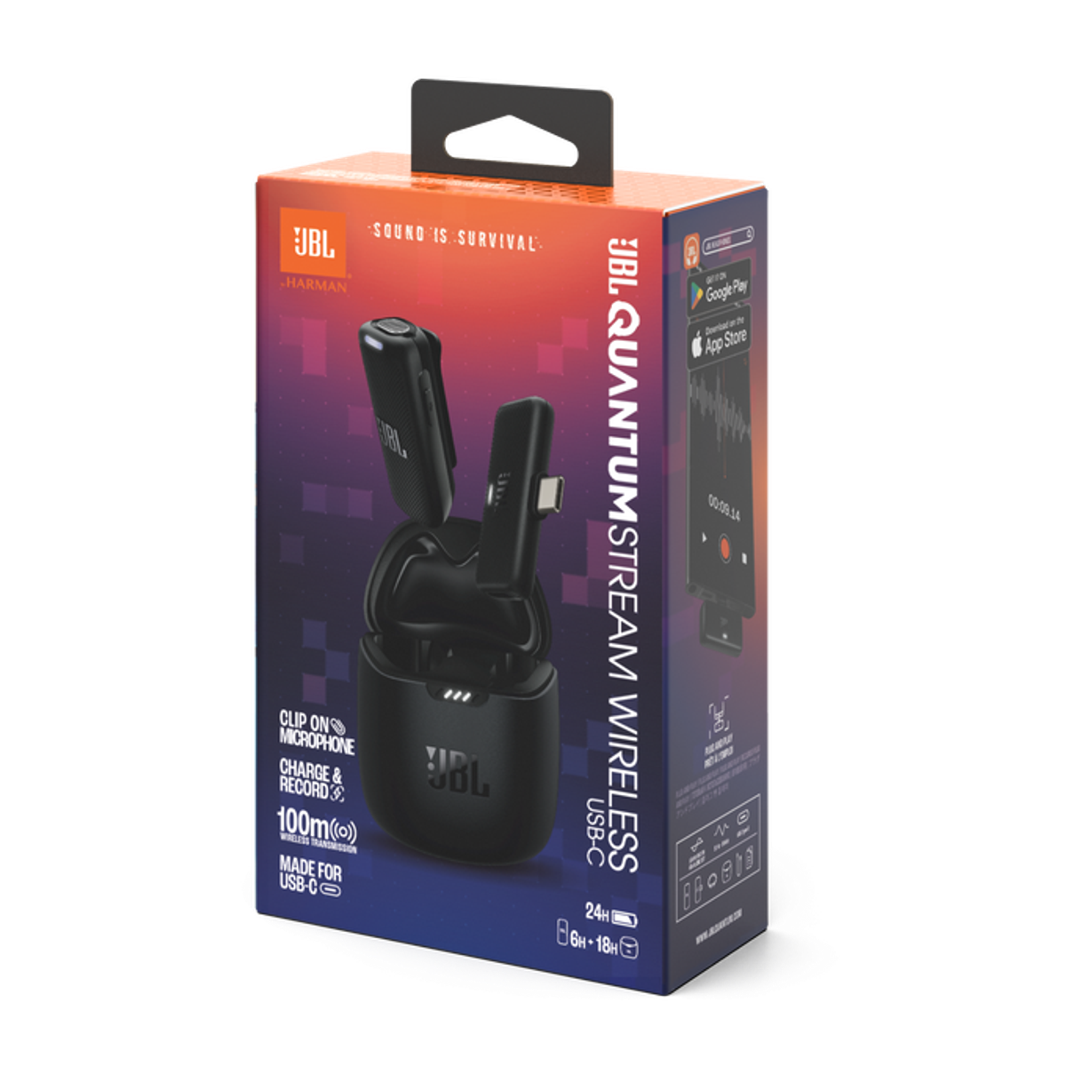 Zestaw mikrofonu JBL Quantum Stream Wireless USB-C w pudełku. Zawiera dwa mikrofony i etui ładujące. Pomarańczowy i czarny.