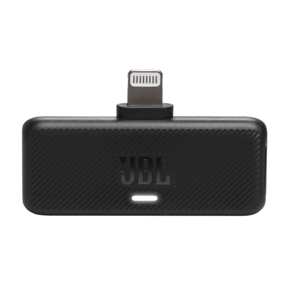 Czarny adapter JBL ze złączem lightning. Posiada port USB i białe światło na dole.