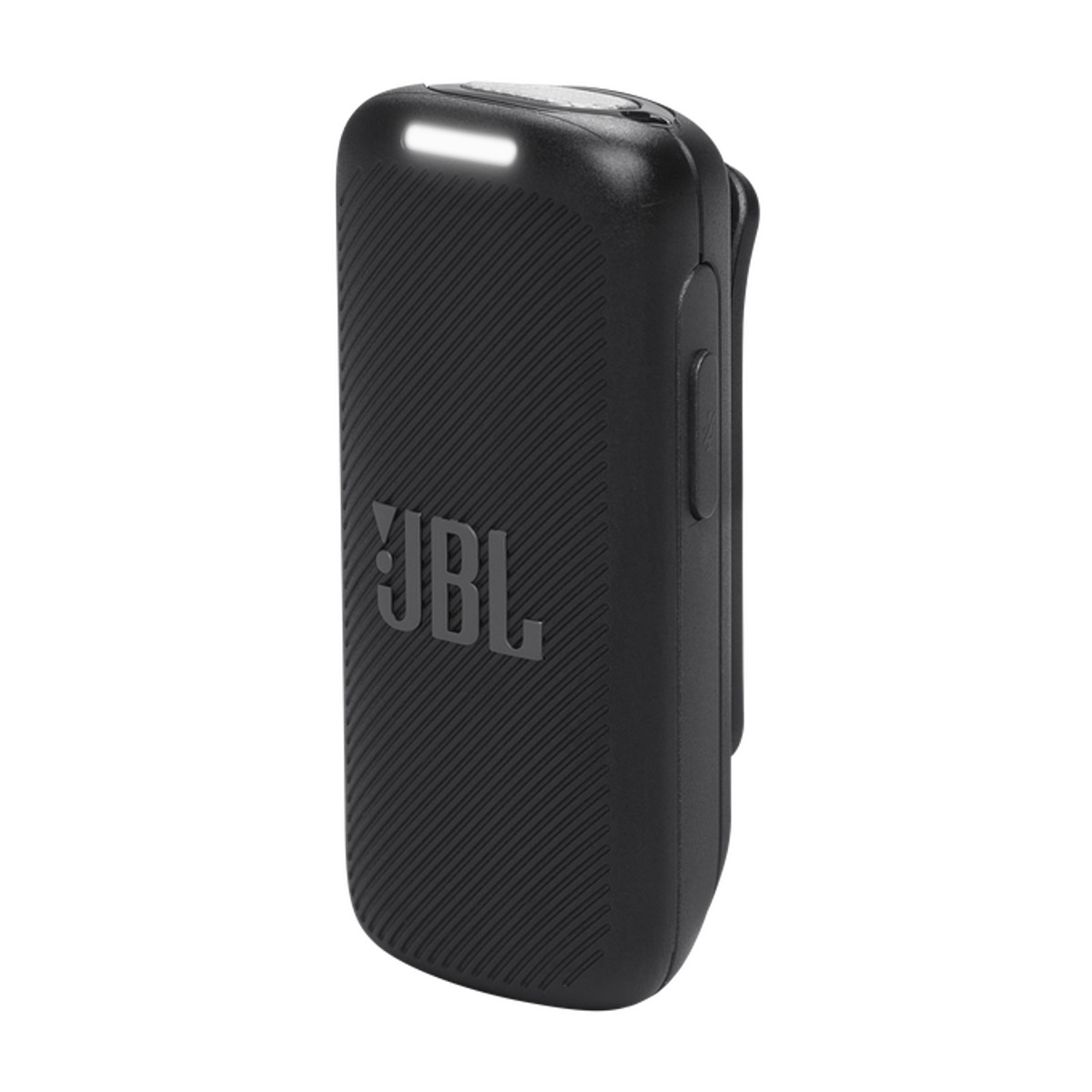 Czarny głośnik JBL z białym światłem i logo JBL, widok z boku.