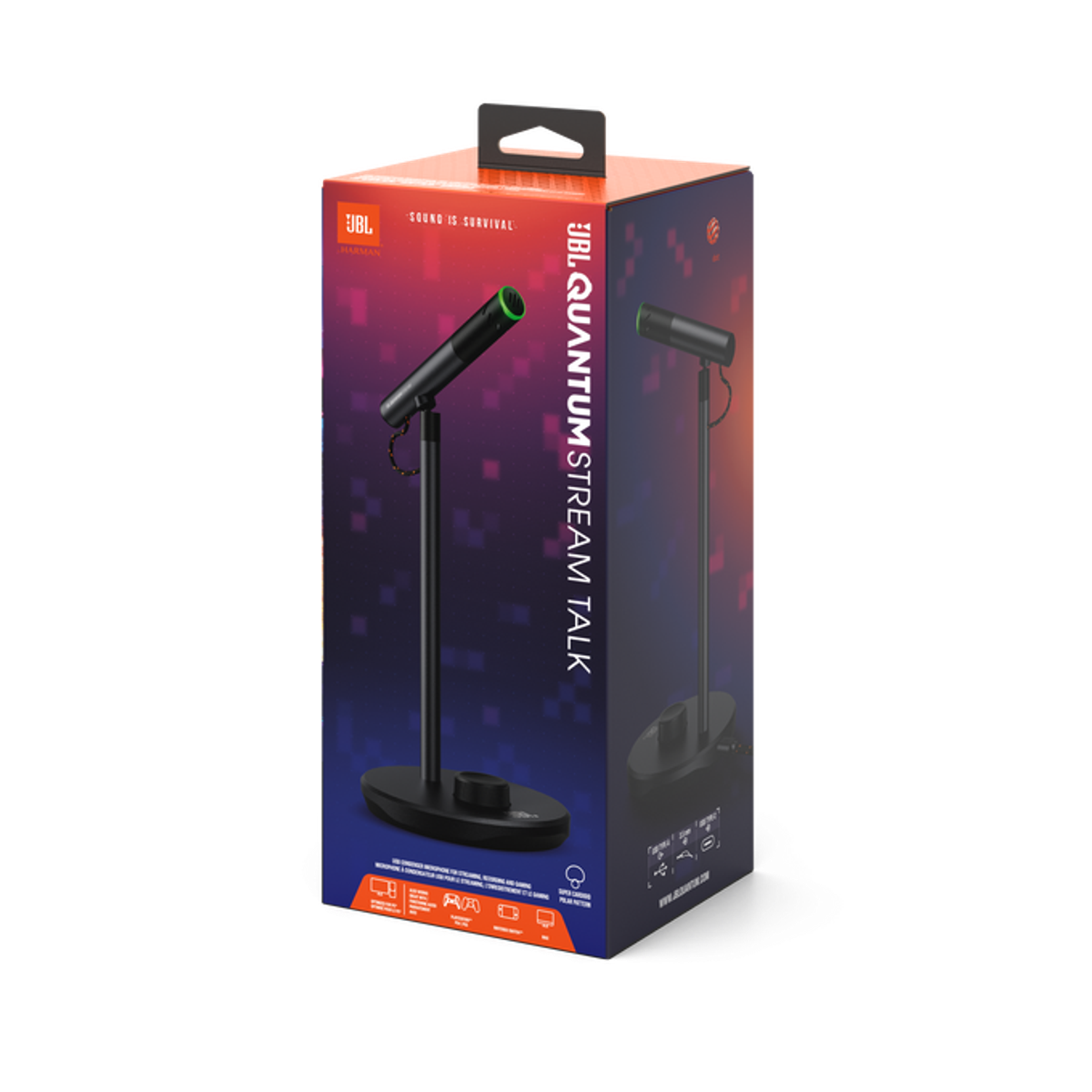 Ein Mikrofon in einer Box mit dem Logo JBL Quantum Stream Talk. Die Box steht auf weißem Grund.
