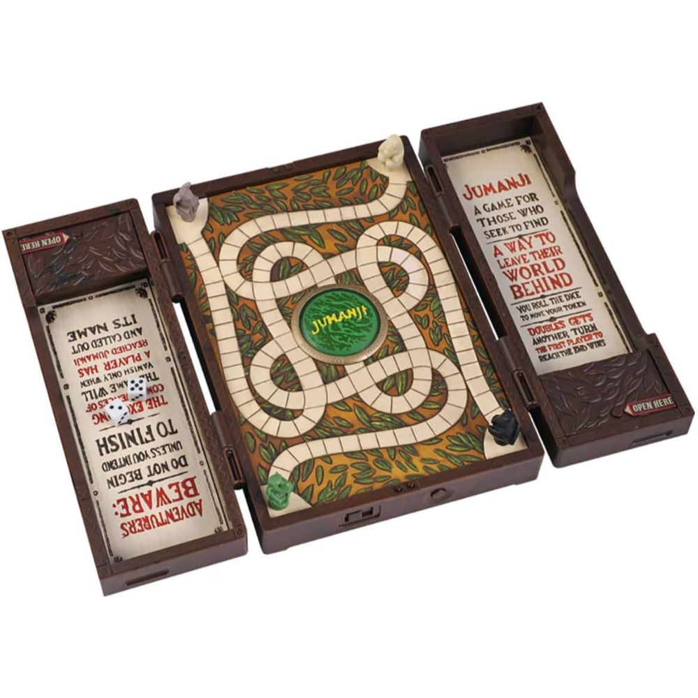 Jumanji bordspel in open positie. Bruine houten doos, met speld details.