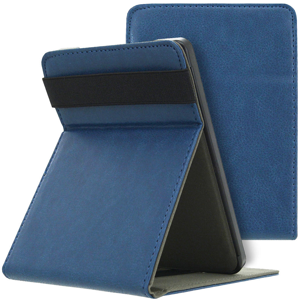 Een blauwe tablethoes in een standpositie. De achterkant is ook zichtbaar.