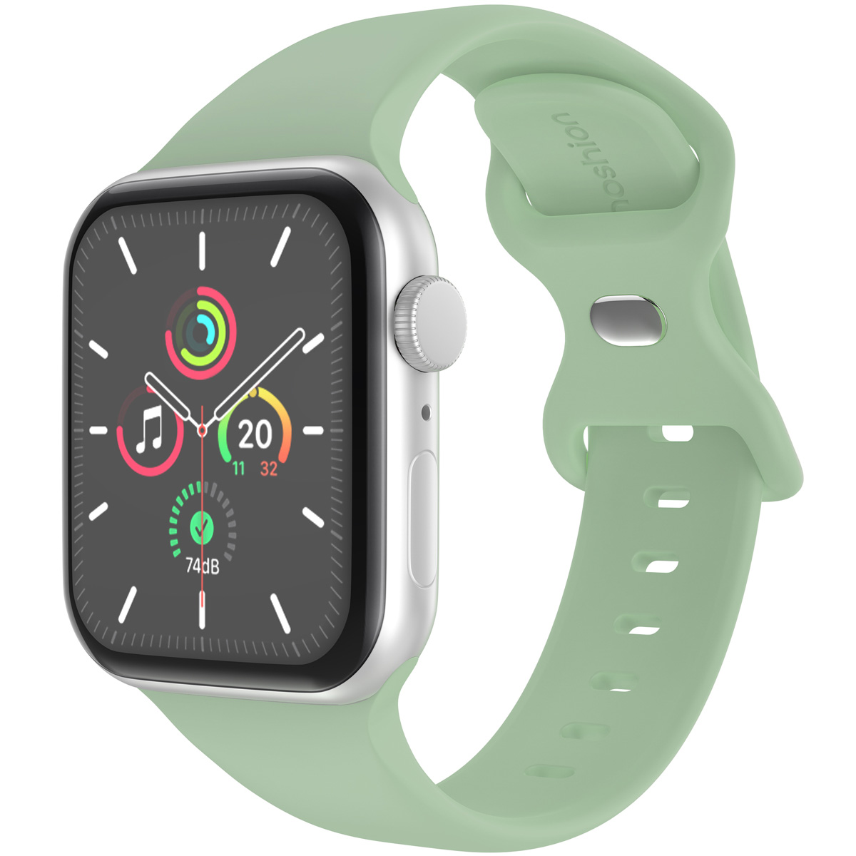 Apple Watch with a green band, showing the time and heart rate.