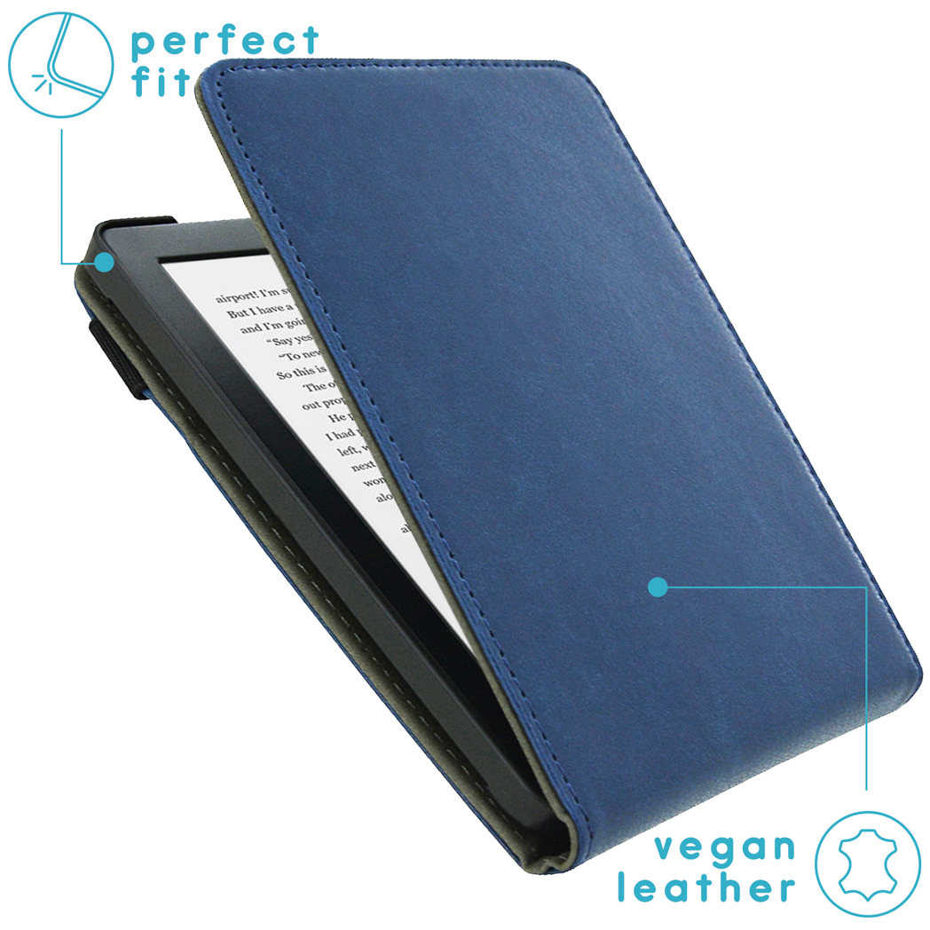 Blauwe vegan leren e-reader hoes, open om het scherm te tonen.