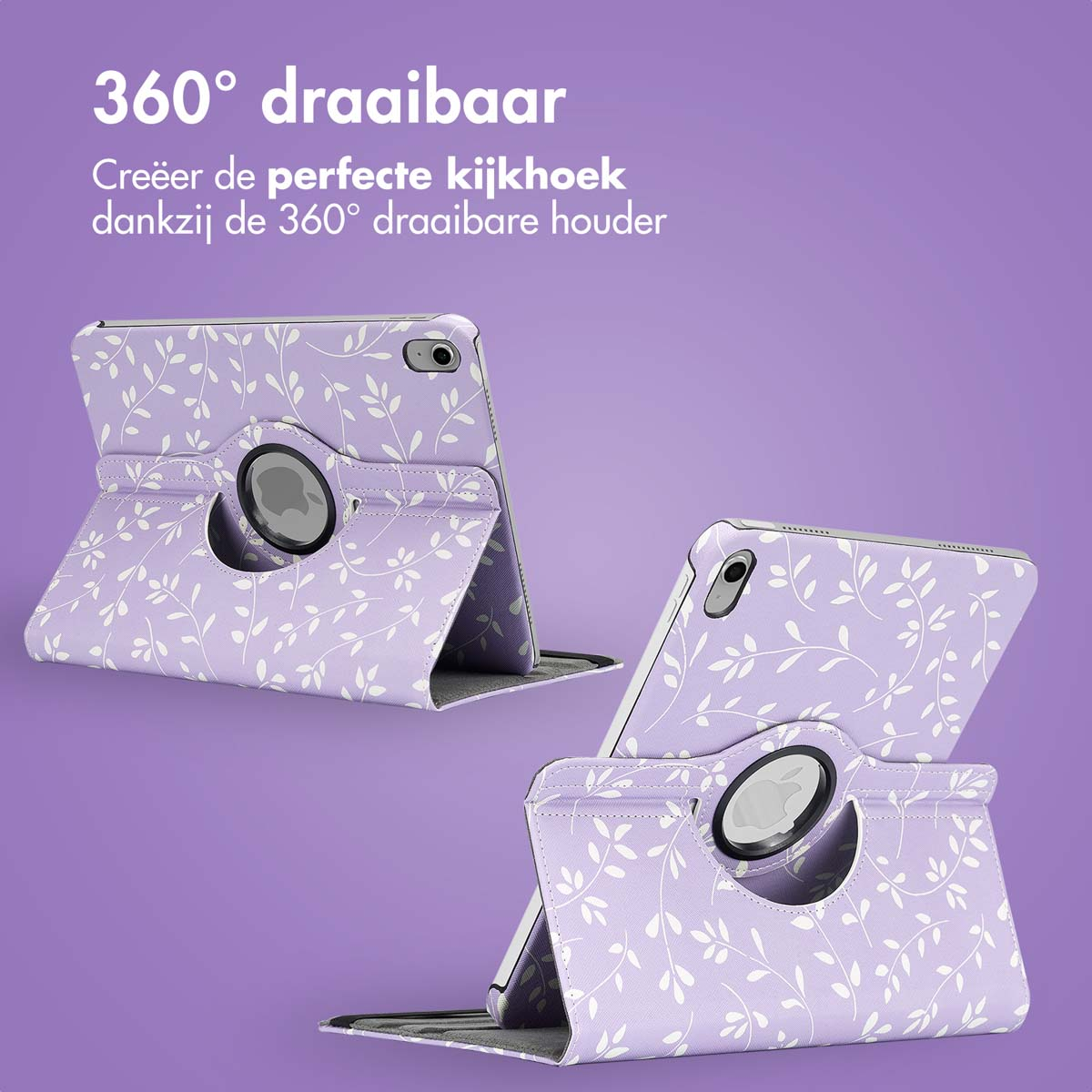 Paarse iPad case met bloemmotief, 360-graden draaibare standaard.