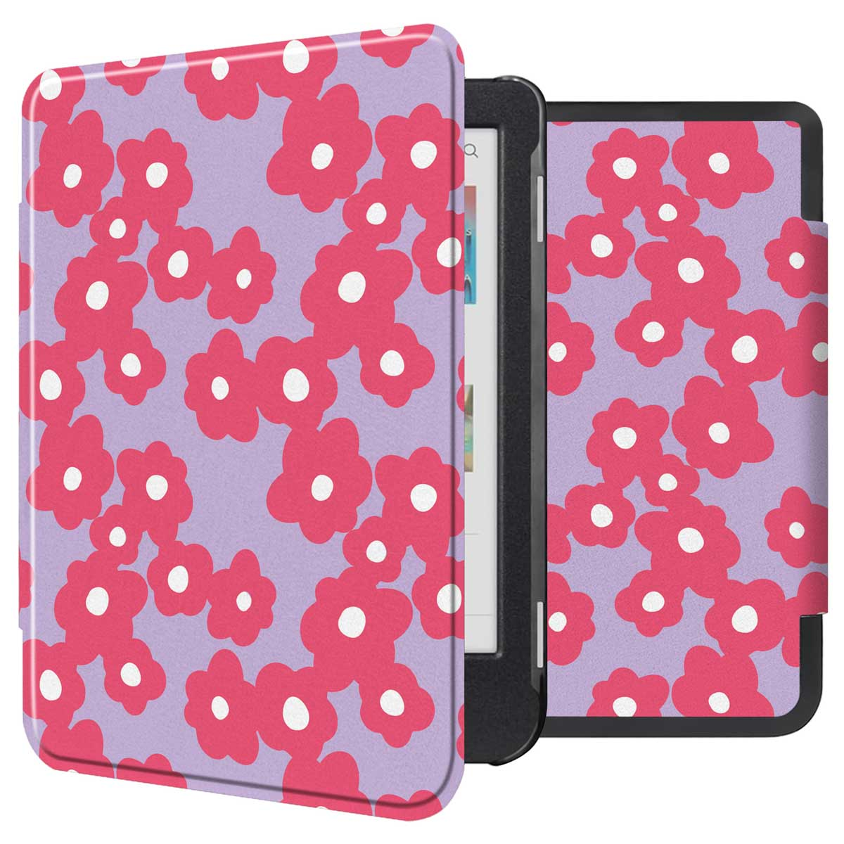Kindle-hoes met een paarse achtergrond en roze bloemen. De hoes is open, onthult de Kindle.
