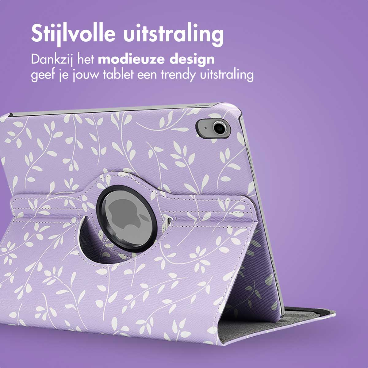 Paarse tablethoes met wit bladerpatroon. Tablet staat open, met een zwart scherm.