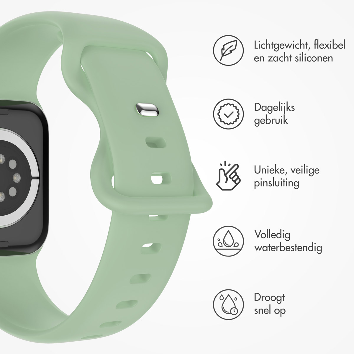 A green smartwatch band with icons indicating lightweight, daily use, and water resistance.