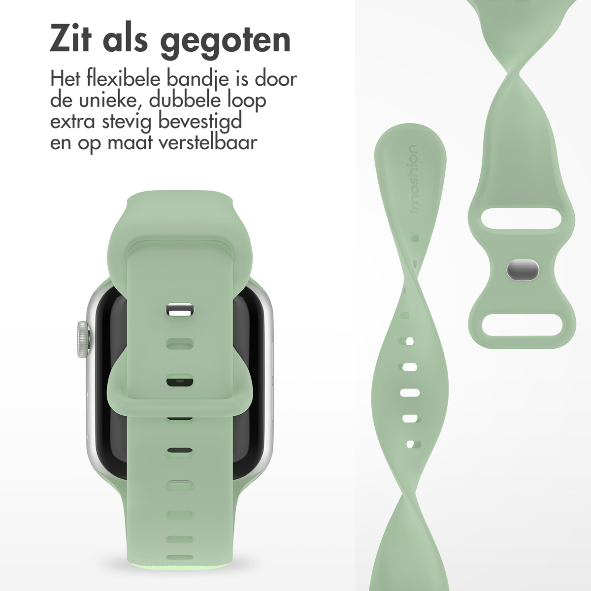 Green watch strap with watch. Strap is flexible. White background.