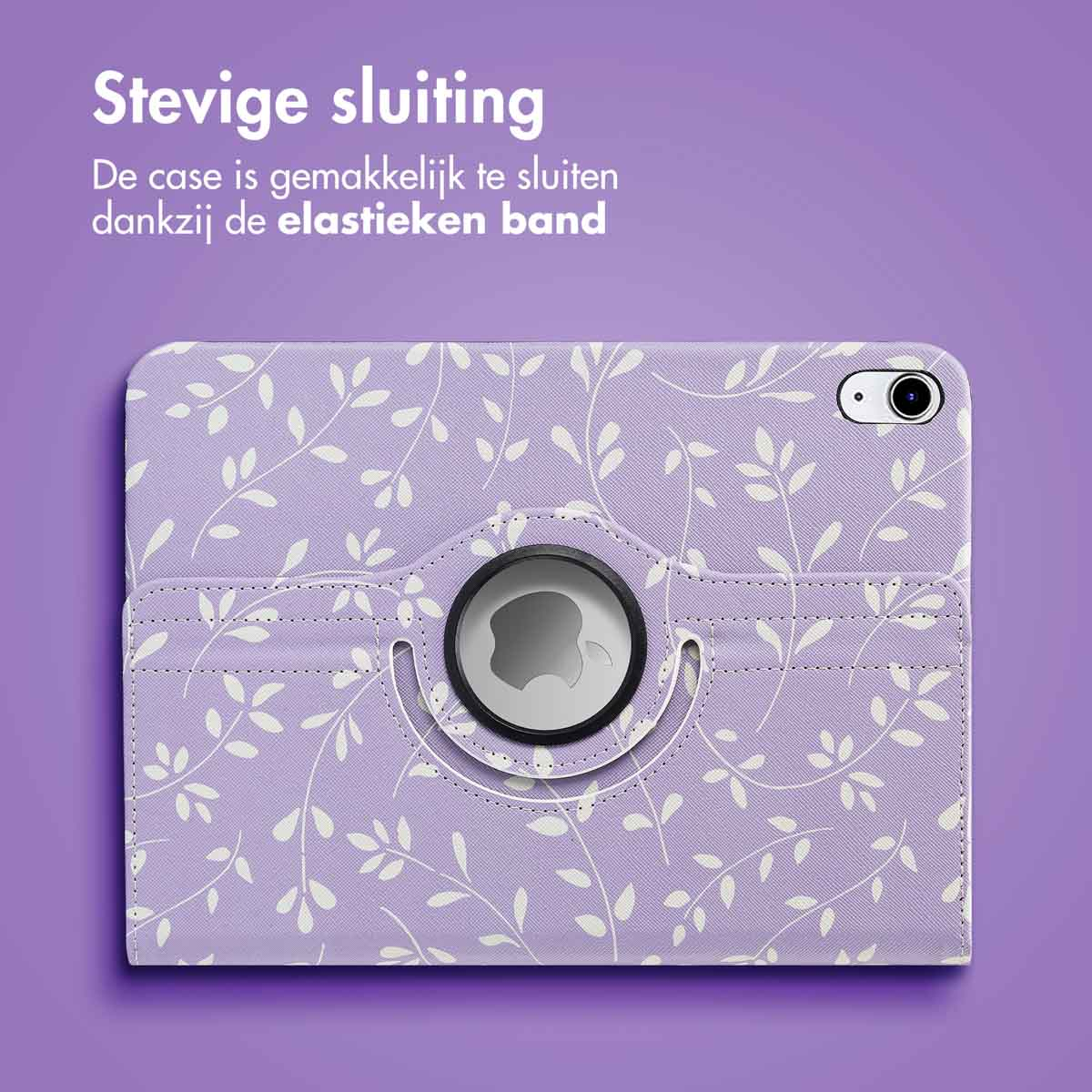 Paarse tablethoes met wit bladerpatroon, een uitsparing voor de camera en een elastische band.