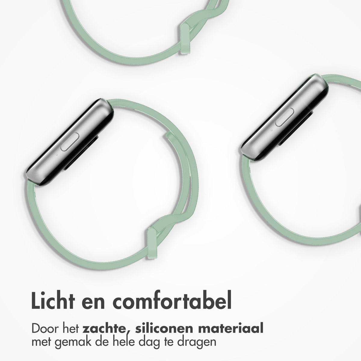 Three mint-green smart watch bands, close-up.