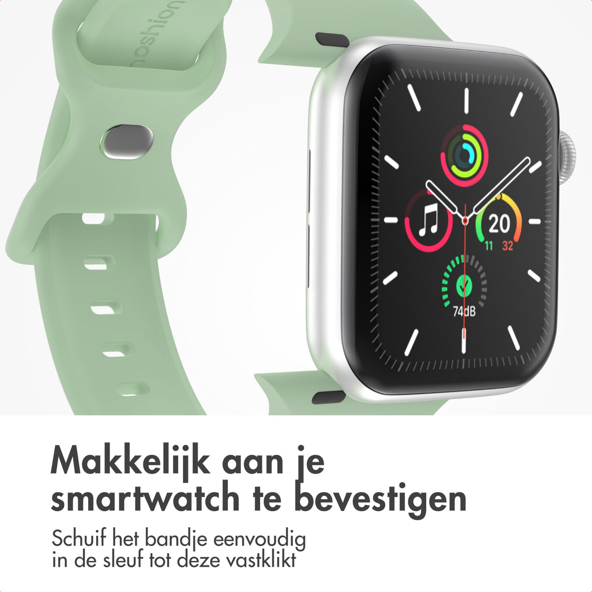 A silver Apple Watch with a green band is attached. The screen displays the time and other info.