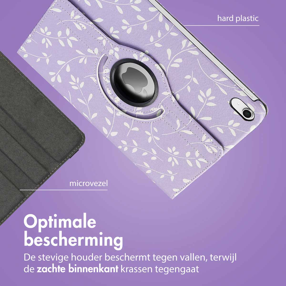 Een paarse tabletcover met patroon en een zwart Apple-logo.