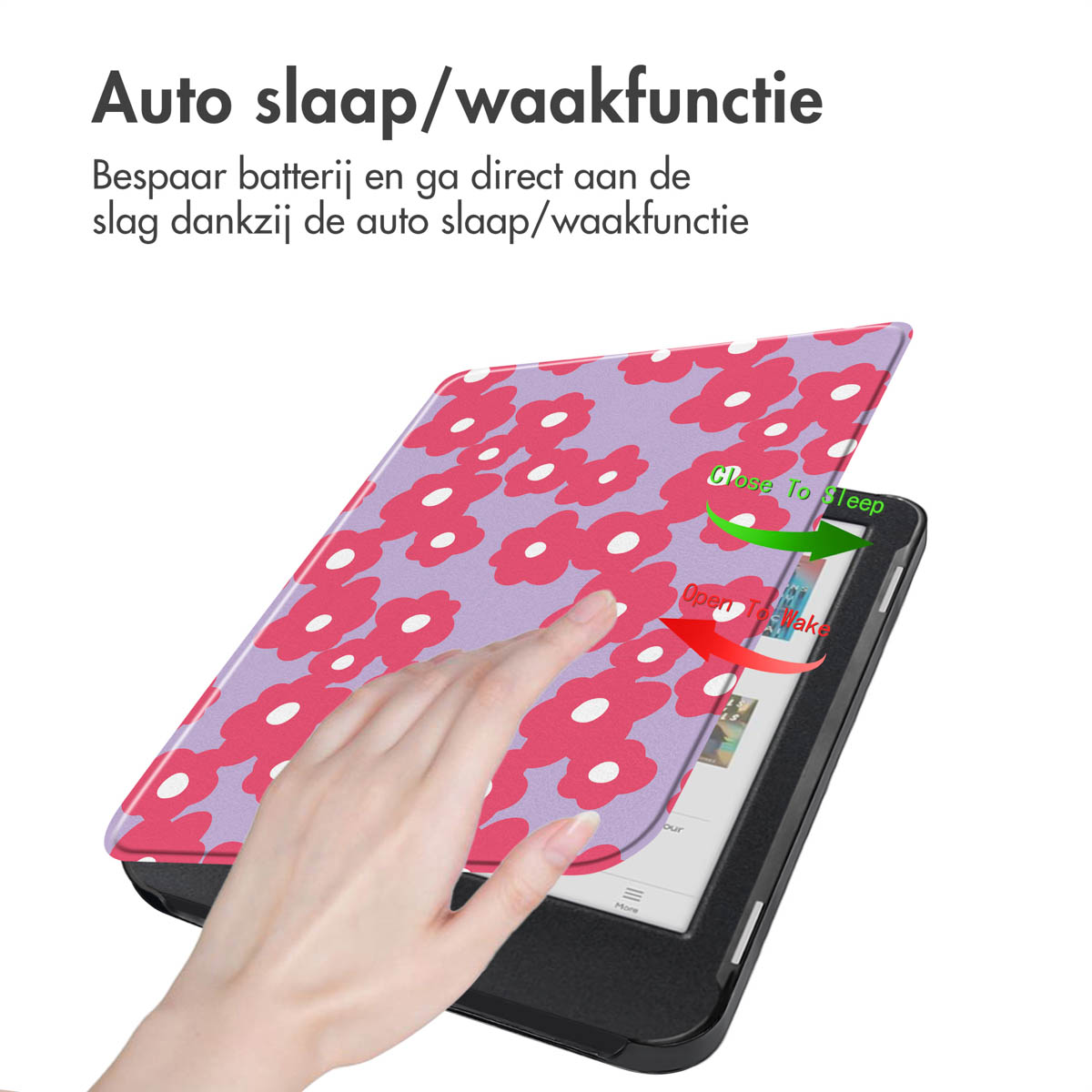 Een hand die een tablet met een bloemenhoes vasthoudt. Het scherm toont een boek en de tekst 'Open to wake'.