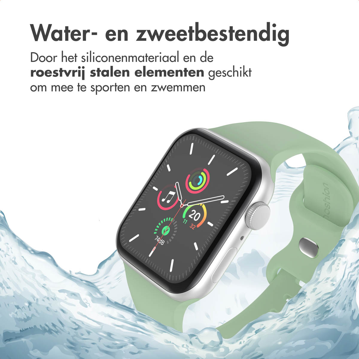 Smartwatch with a green band, water splashes, and text.