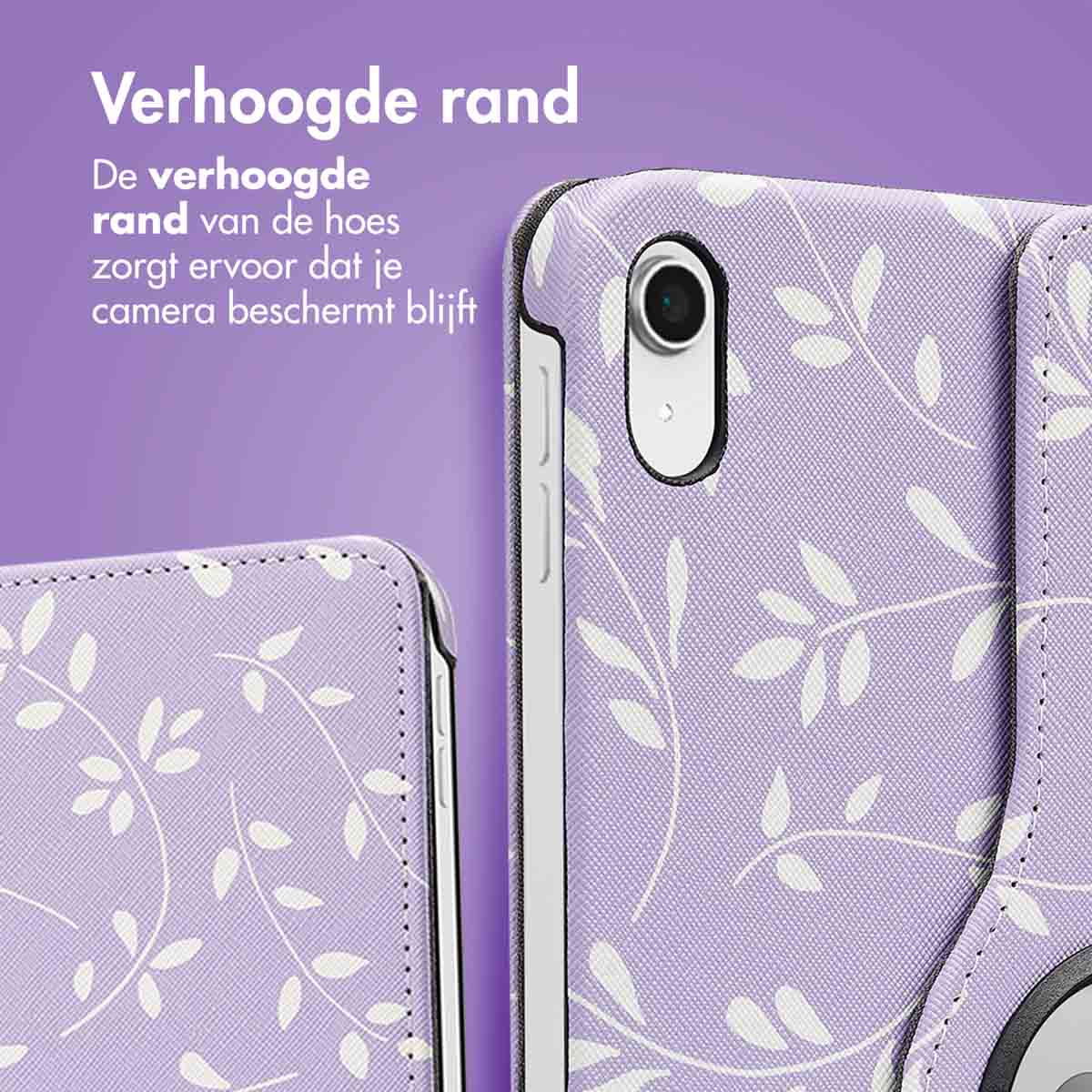 Een tablethoes met een paars bloemmotief op een witte achtergrond met tekst op de hoes.