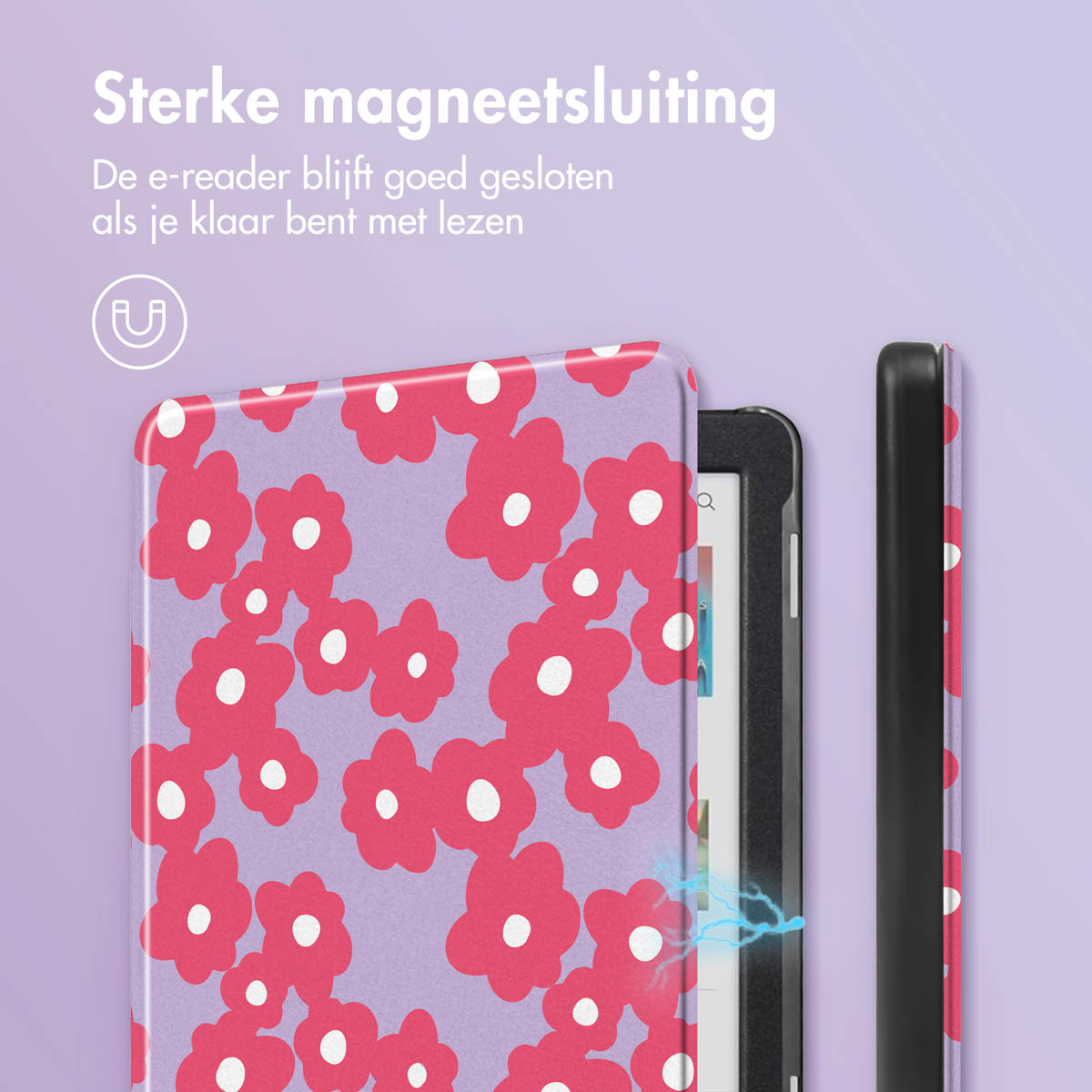 Een paarse e-reader hoes met roze bloemenpatroon, gesloten en open.