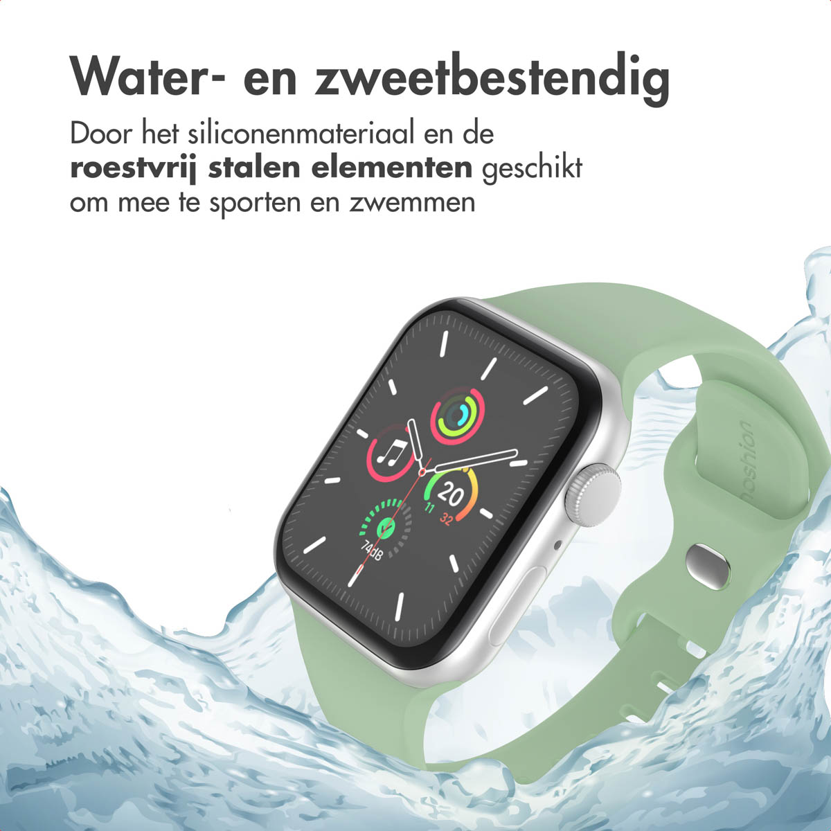 A smartwatch with a green strap in water splash.