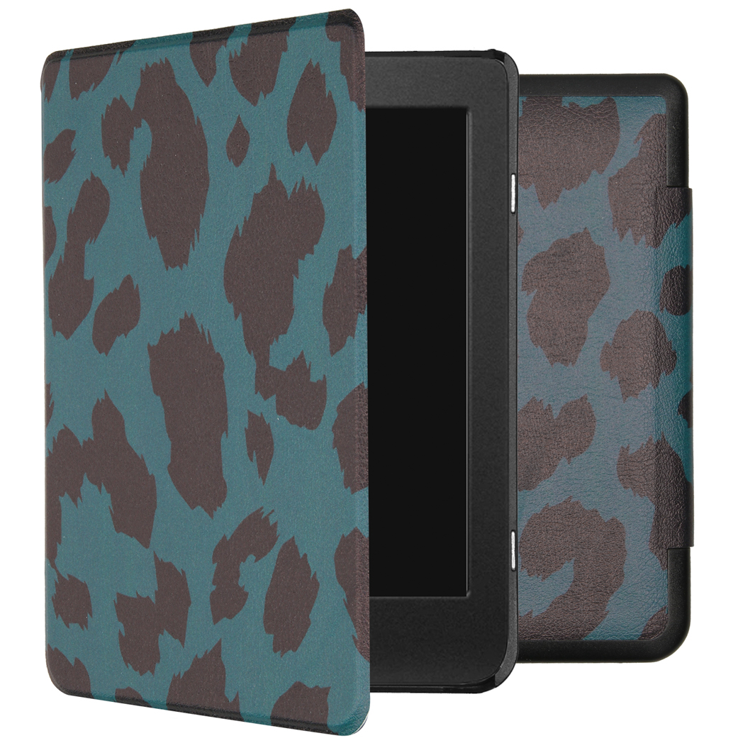 Blauwgroen en bruin patroon Kindle-hoesje. De hoes is open en onthult het scherm van het apparaat.