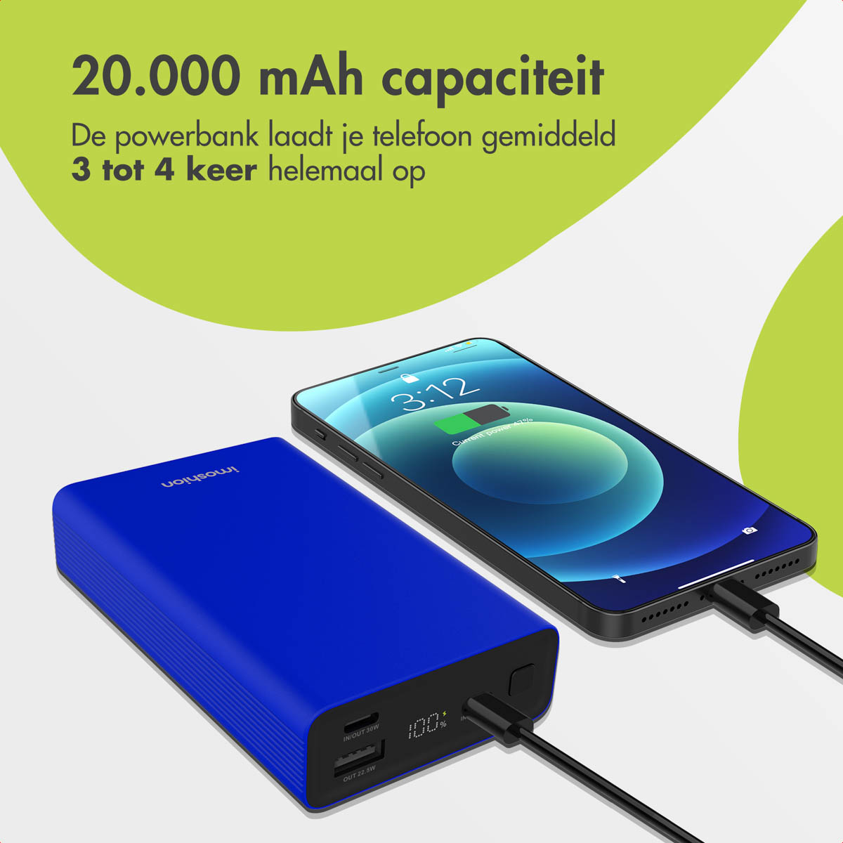 Batterie externe bleue chargeant un téléphone noir. Texte: 20 000 mAh. Téléphone: 3:12.
