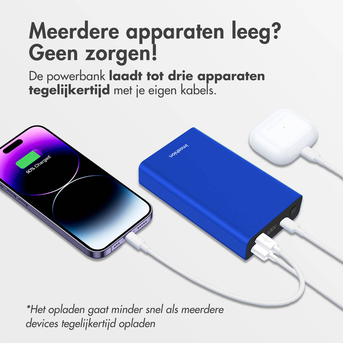 Batterie externe bleue chargeant deux appareils et un étui AirPods. Câble blanc.